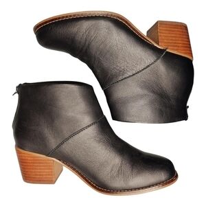 TOMS Boots Womens 7 Leila Tassel Back Zip Ankle Bootie Black Leather Block Heels